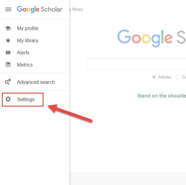 Google Scholar Menu Settings Link