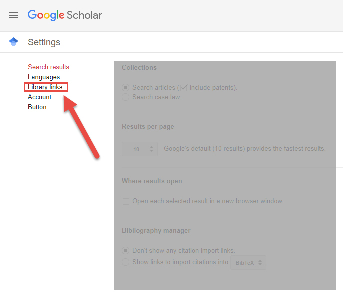 Google Scholar Library Links Menu Option