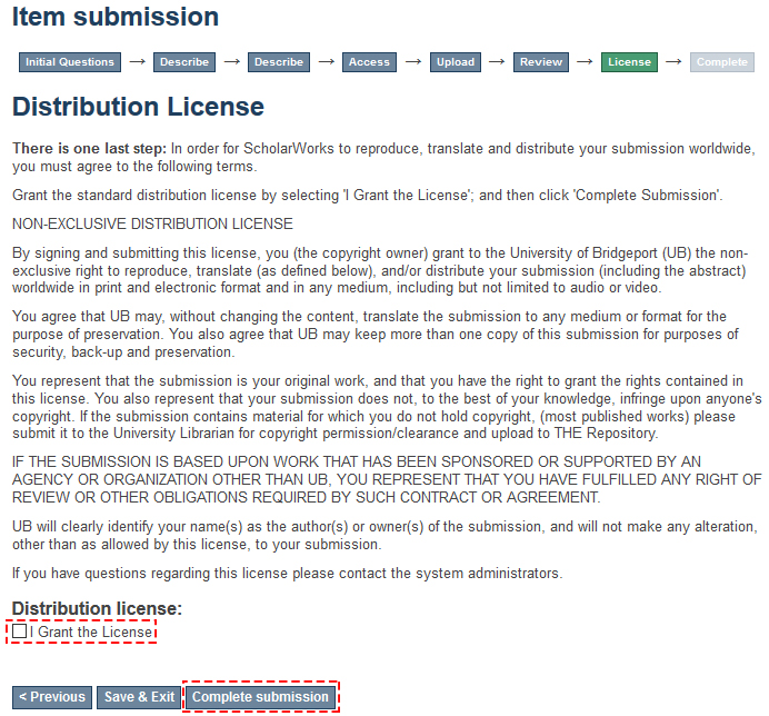 ScholarWorks submission distribution license